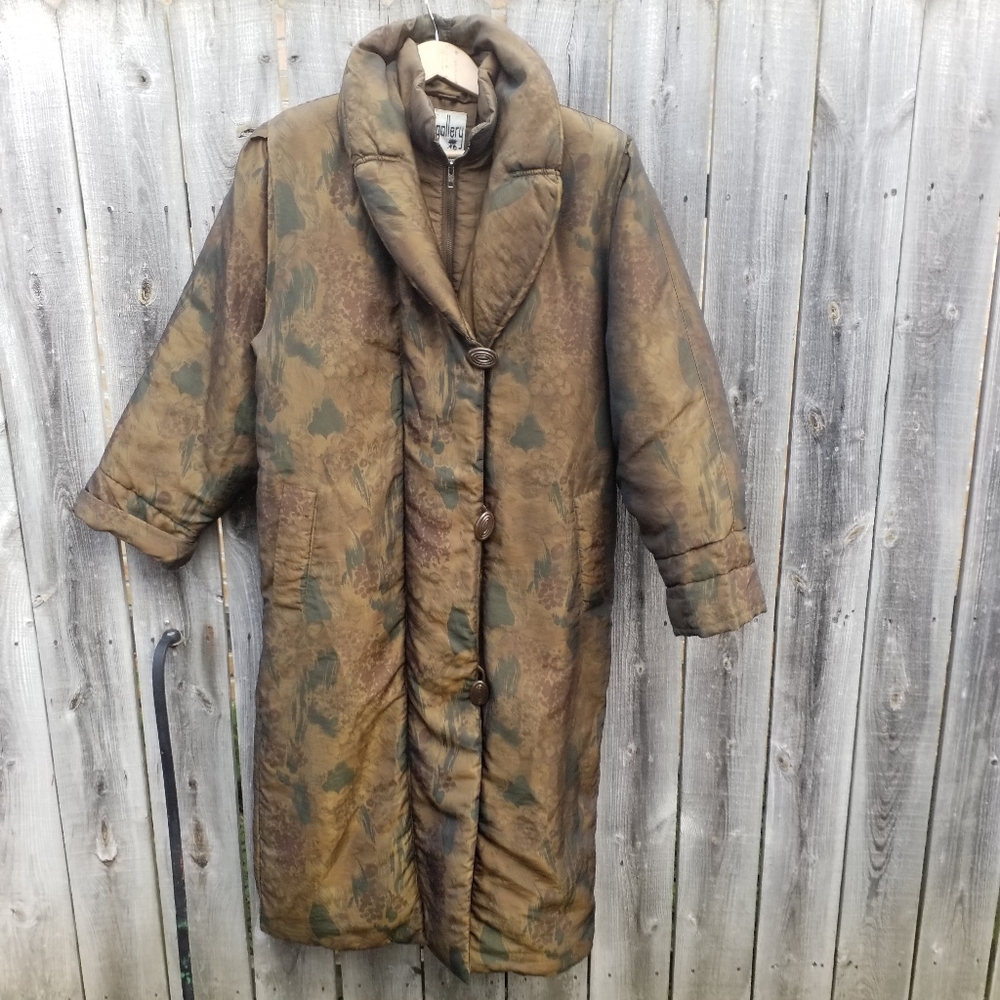 J Gallery Vintage 80s Zip Button bronze floral Down Puffer midi Coat M